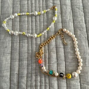 Summery pearl smiley necklace stack